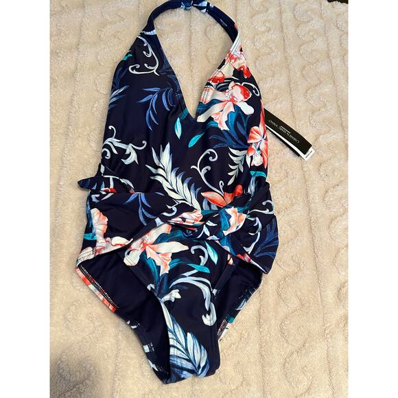 Carmen Marc Valvo V-Neck Halter One Piece Swimsuit - Tivoli Garden NWT Size 10 - Picture 4 of 10